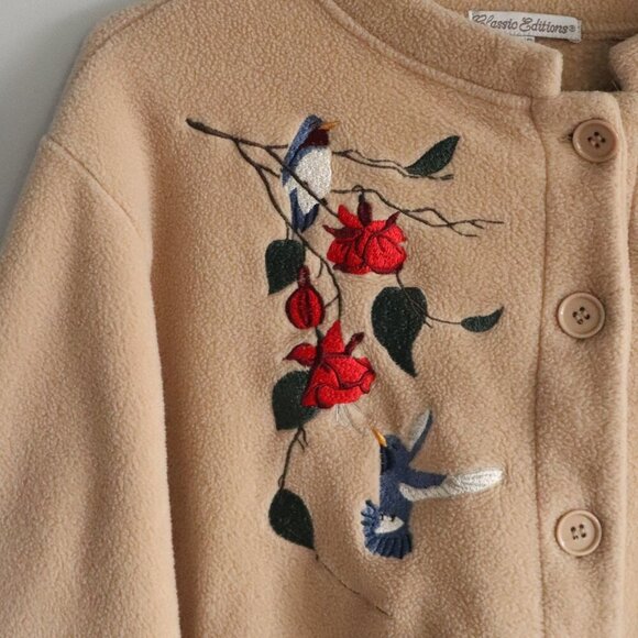 Vntg Classic Editions Sz Lrg Cream Embroidered Bird Buttoned Fleece Cardigan - Picture 7 of 14